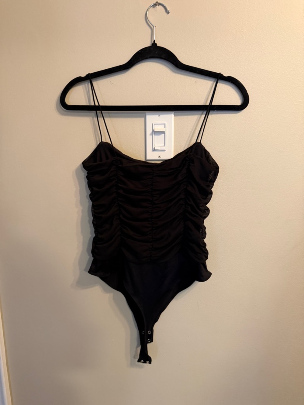 Dynamite Black Spaghetti Strap Bodysuit with Ruched Front